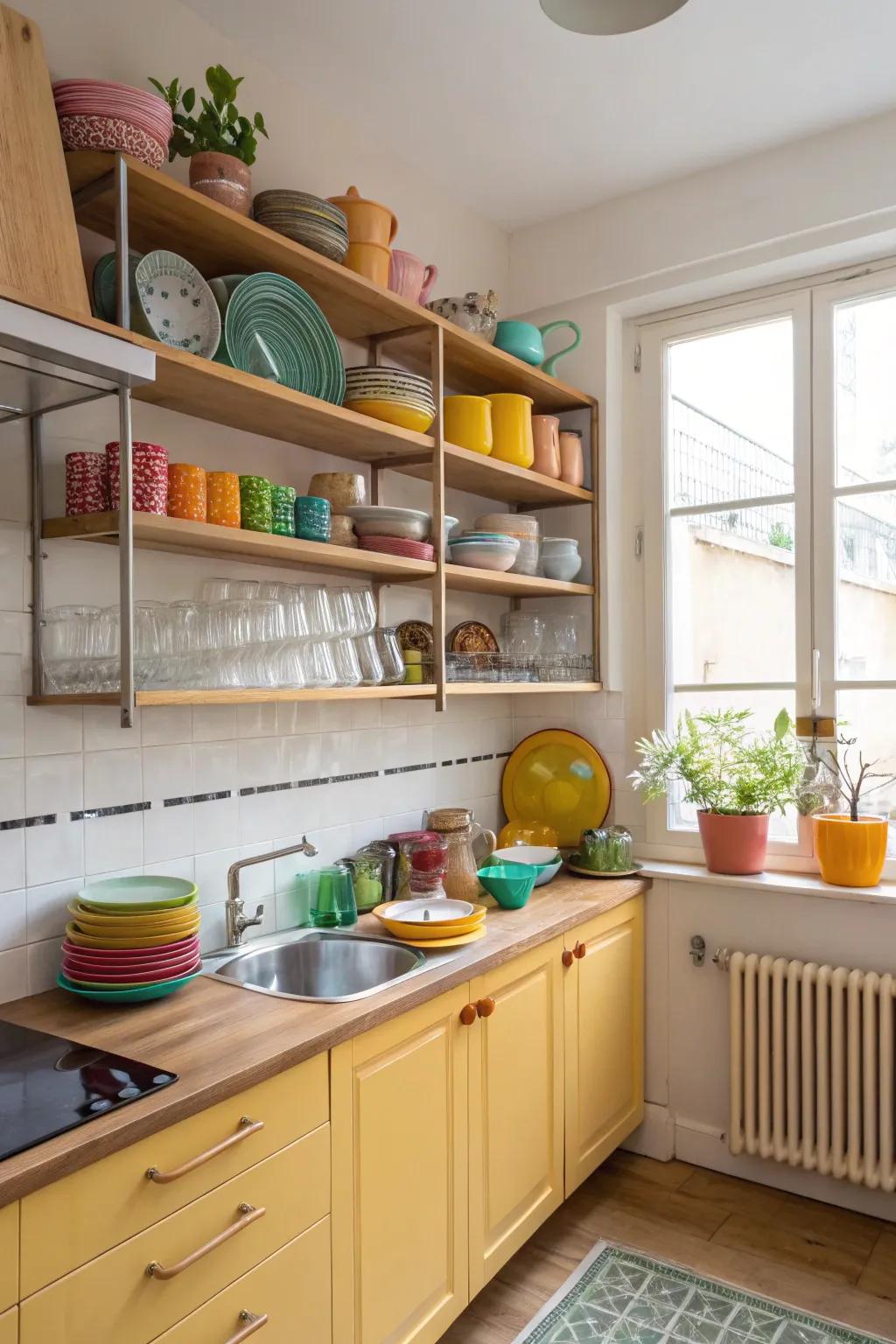 Open shelves provide functionality and inject personality into smaller kitchens.