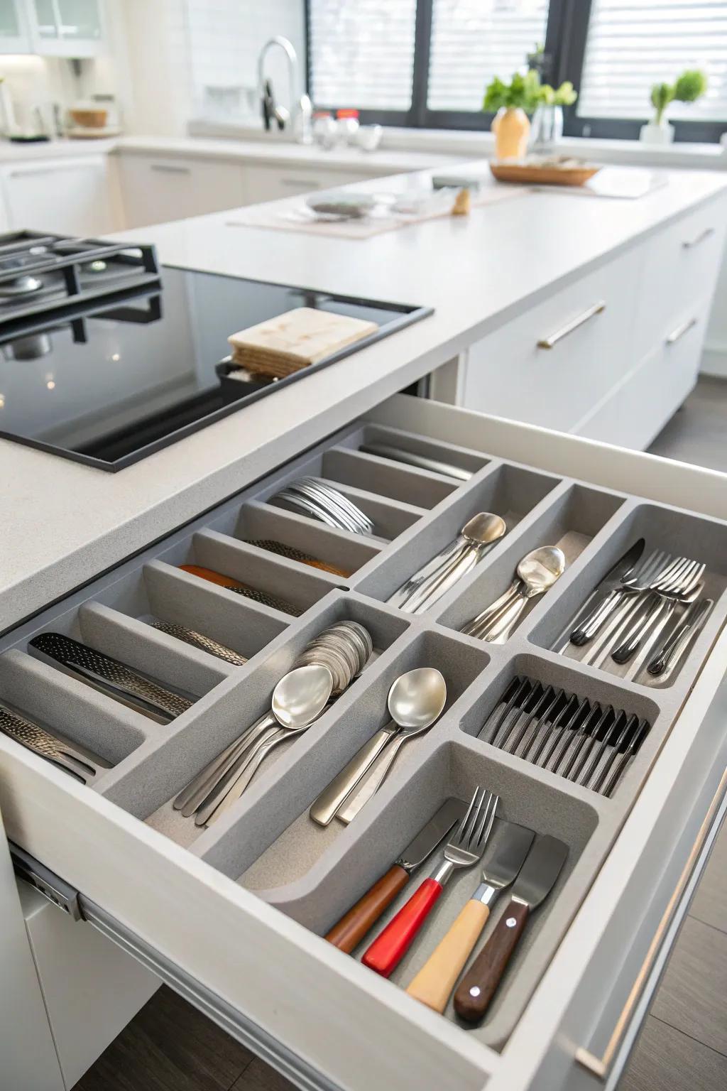 Employ utensil dividers to arrange kitchen gadgets for ease of use.