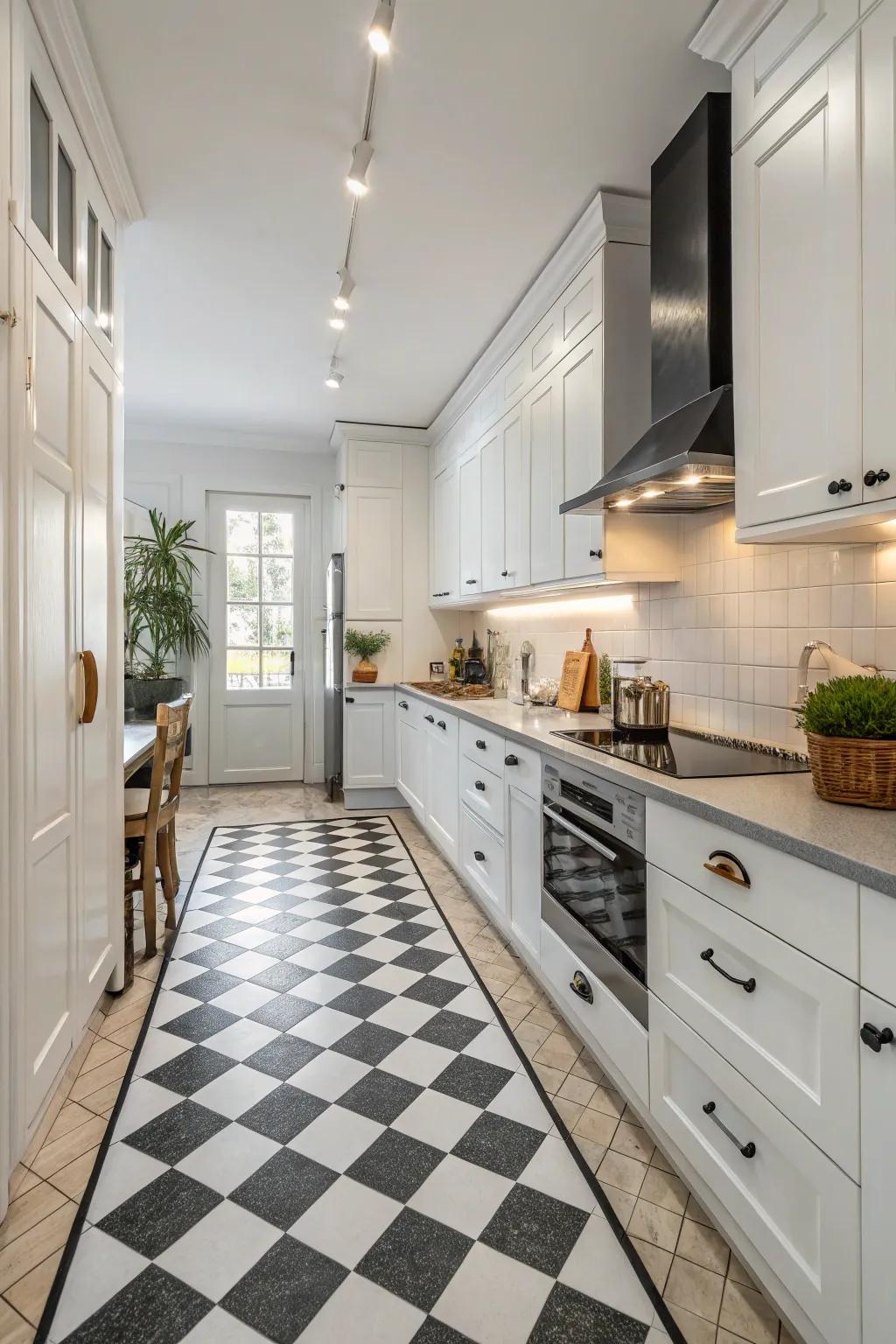 Classic sophistication showcased in a checkerboard kitchen floor.