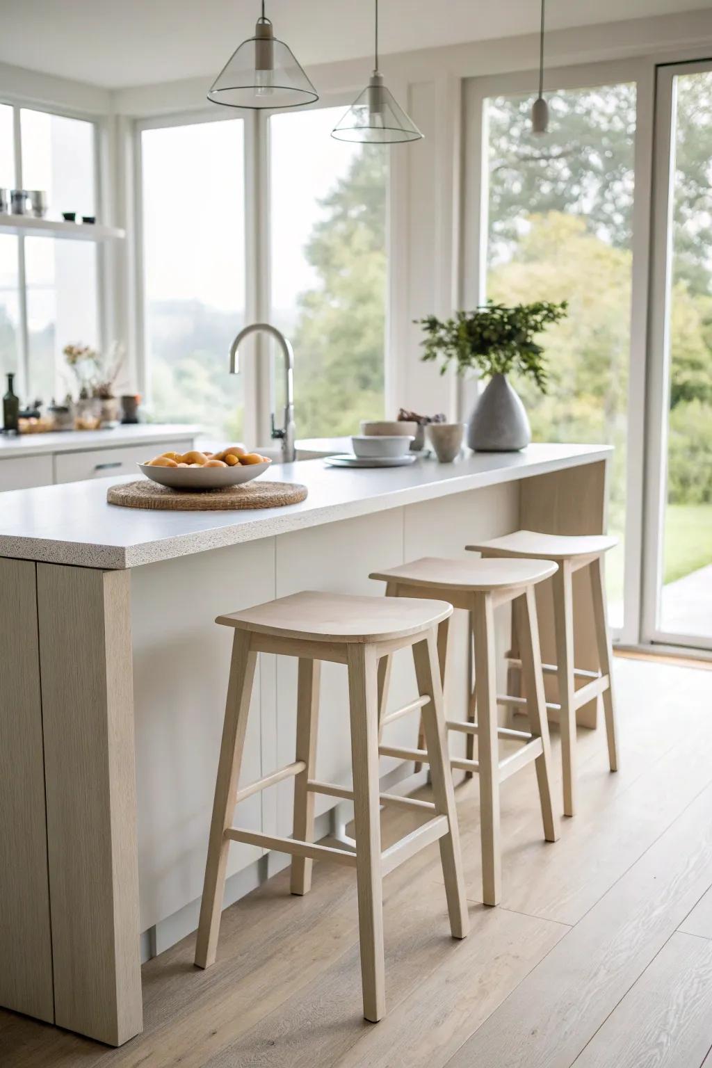 <strong><em>Seatbacks</em></strong> present a minimalist way to handle kitchen island seating.” loading=”lazy” class=”pimg”>
	</picture><figcaption><strong><em>Seatbacks</em></strong> present a minimalist way to handle kitchen island seating.</figcaption></figure>
<p>Stools without backs deliver a polished and subtle presence, ideal for those who appreciate simplicity and wish to preserve an airy, spacious kitchen. I’ve often steered people towards these for compact areas where maximizing every square inch is crucial.</p>
<h3>A few relevant products:</h3>
<ul class=