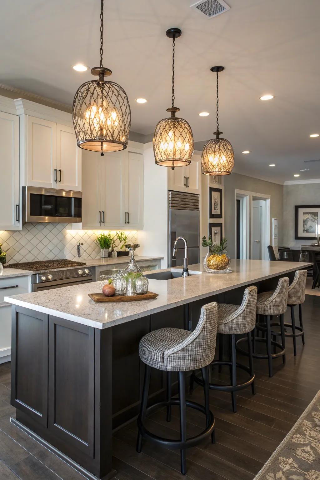 Pendant lights create a chic and useful focal point in a modern kitchen space.