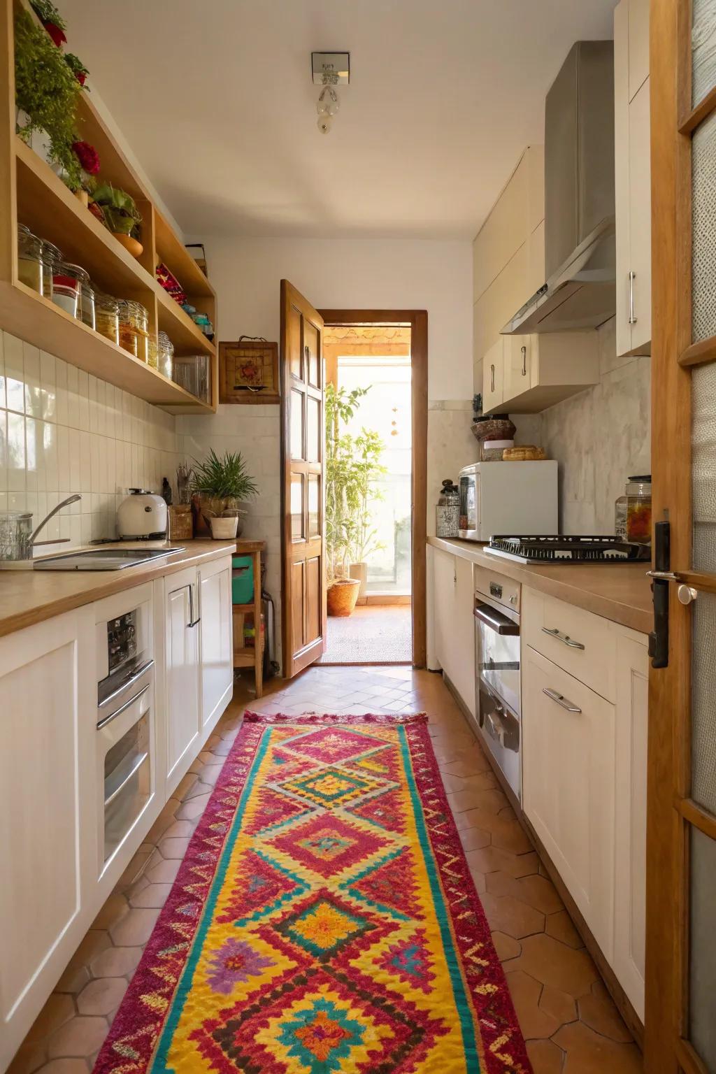 A bright hallway carpet can breathe new life into a tight kitchen layout.