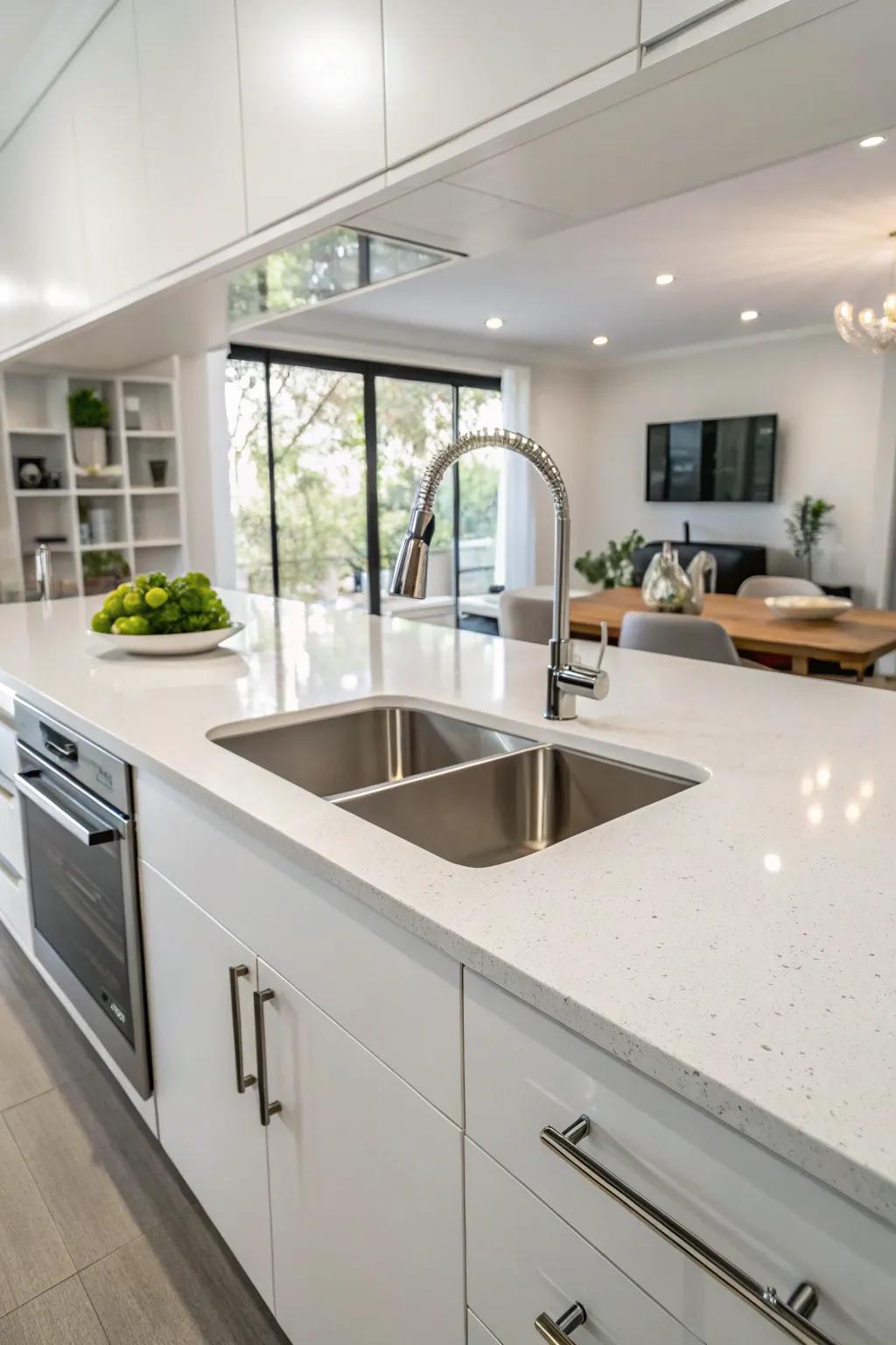 A minimalist kitchen showcasing a fluid under-mount sink.
