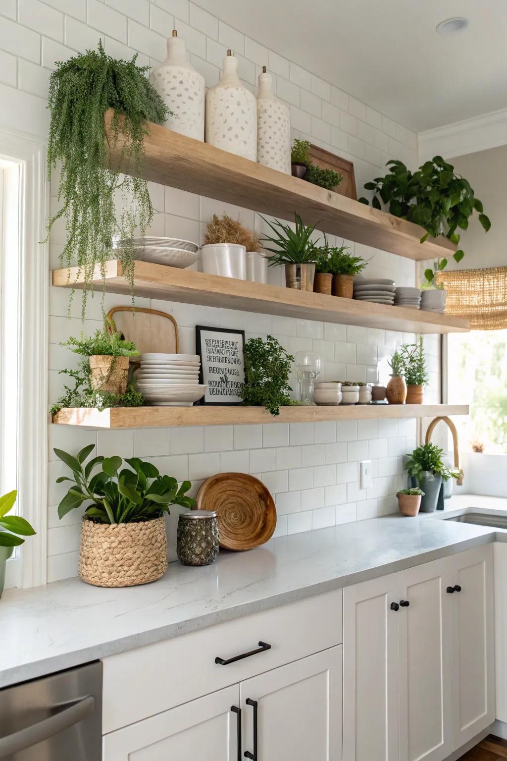 Slender shelves elegantly display greenery and ornamental items in a contemporary kitchen.