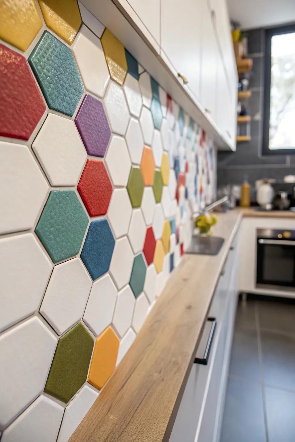 Hexagonal coverings inject a current and lively feel into the kitchen wall.