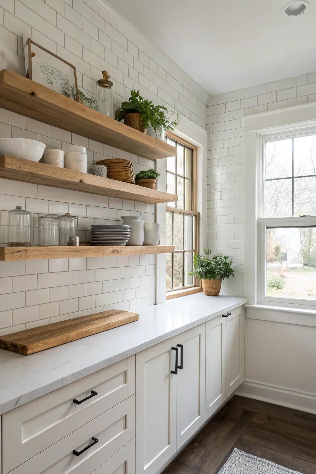A minimalist kitchen design featuring floating shelves, ensuring the space remains open and free of clutter.