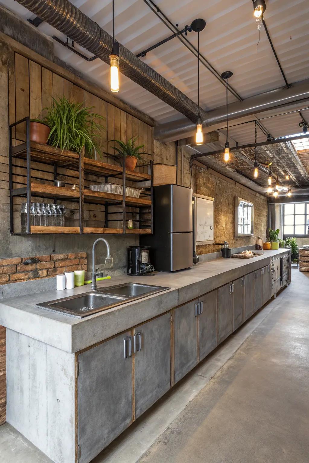 An industrial-inspired cooking area showcasing cement worktops complemented by metal and timber accents.