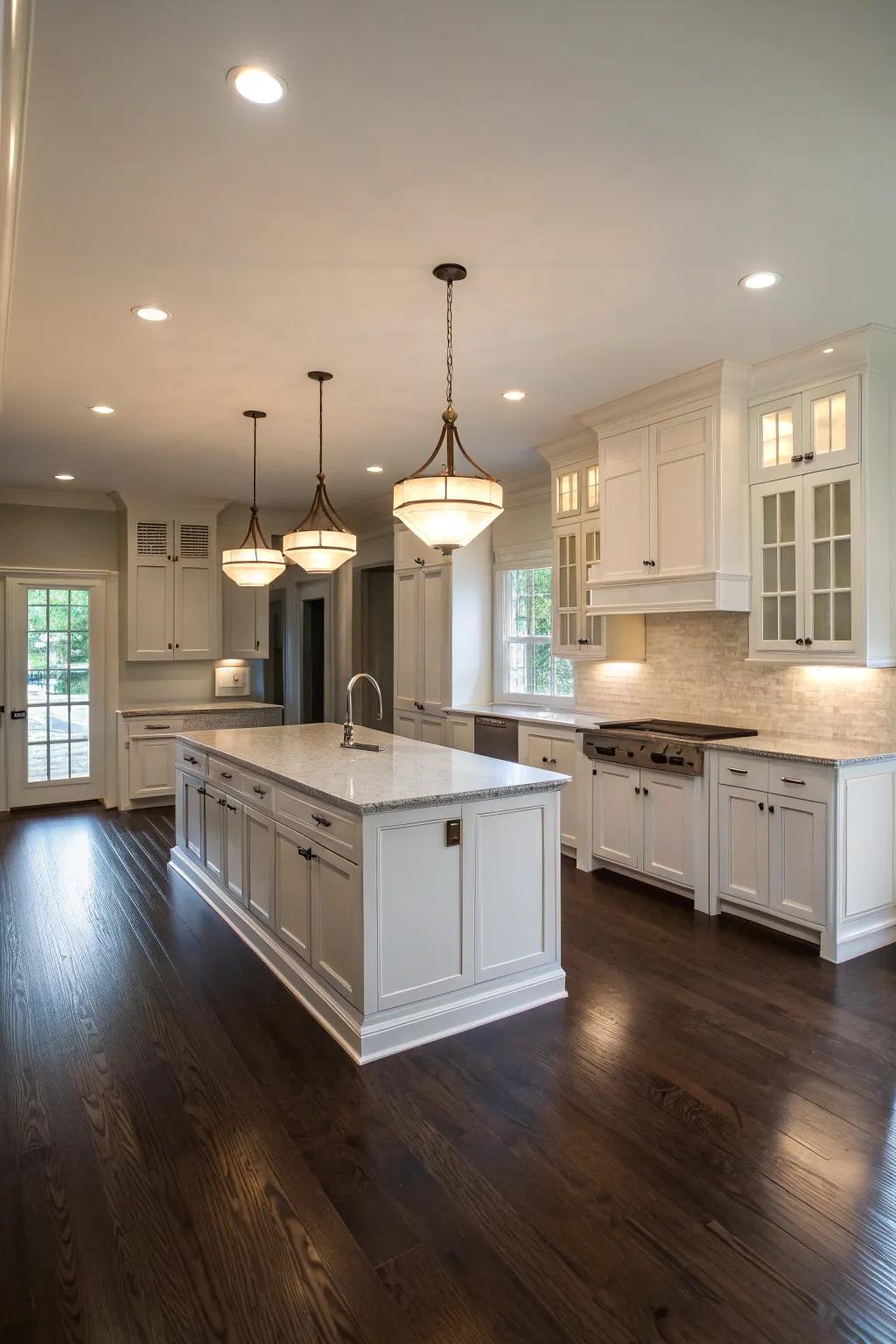 A kitchen adorned with dark wooden floors and bright cabinetry, masterfully creating a striking contrast.