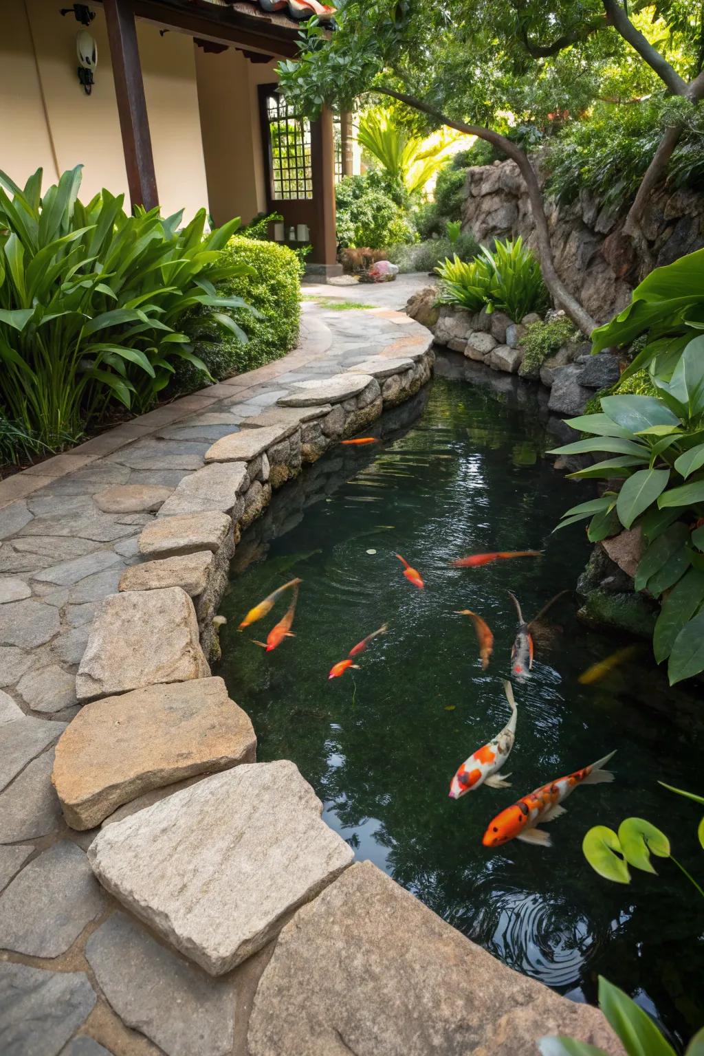 Natural stones impart a homespun vibe to this koi haven.