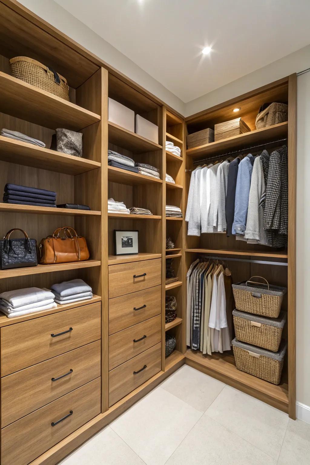 Custom shelving fully utilizes every corner of your L-shaped closet.
