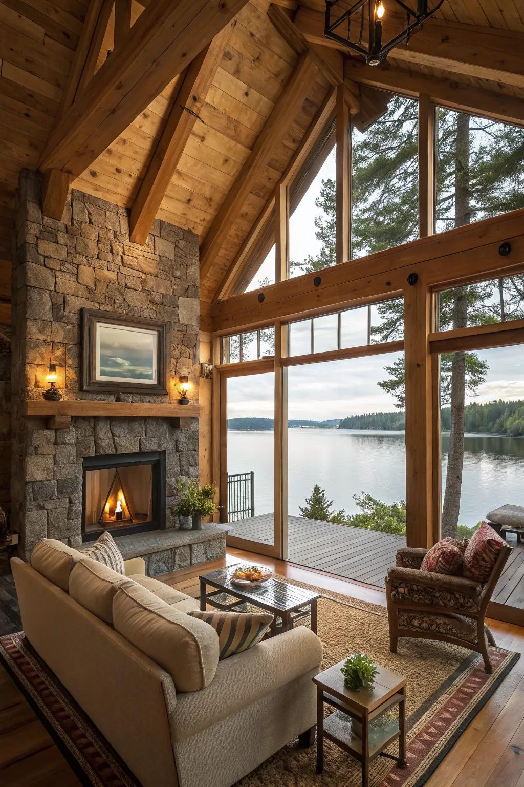 Raw materials craft a welcoming, snug atmosphere in a lakeside abode.