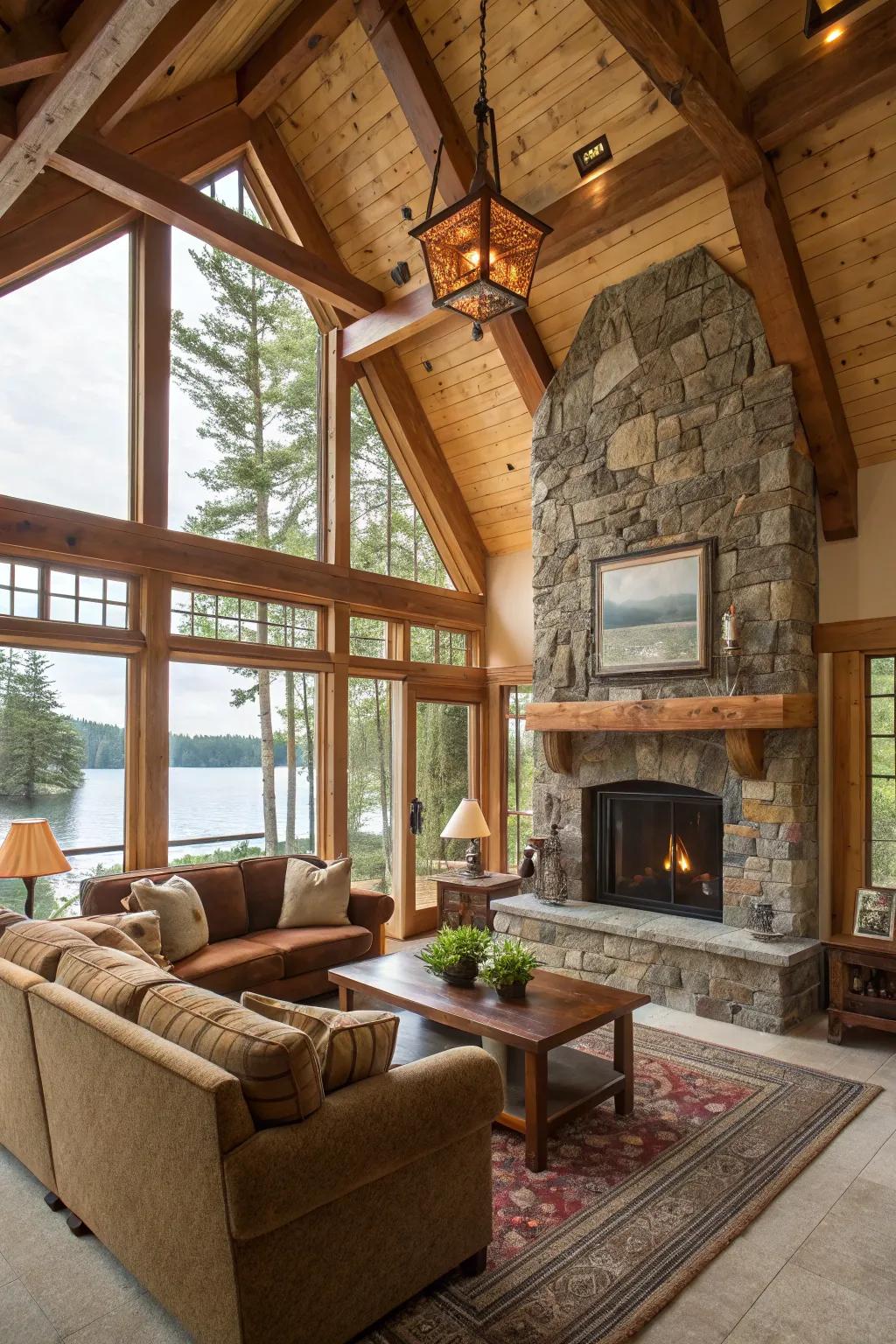 The cozy vibe of wood and stone creates a natural feel.