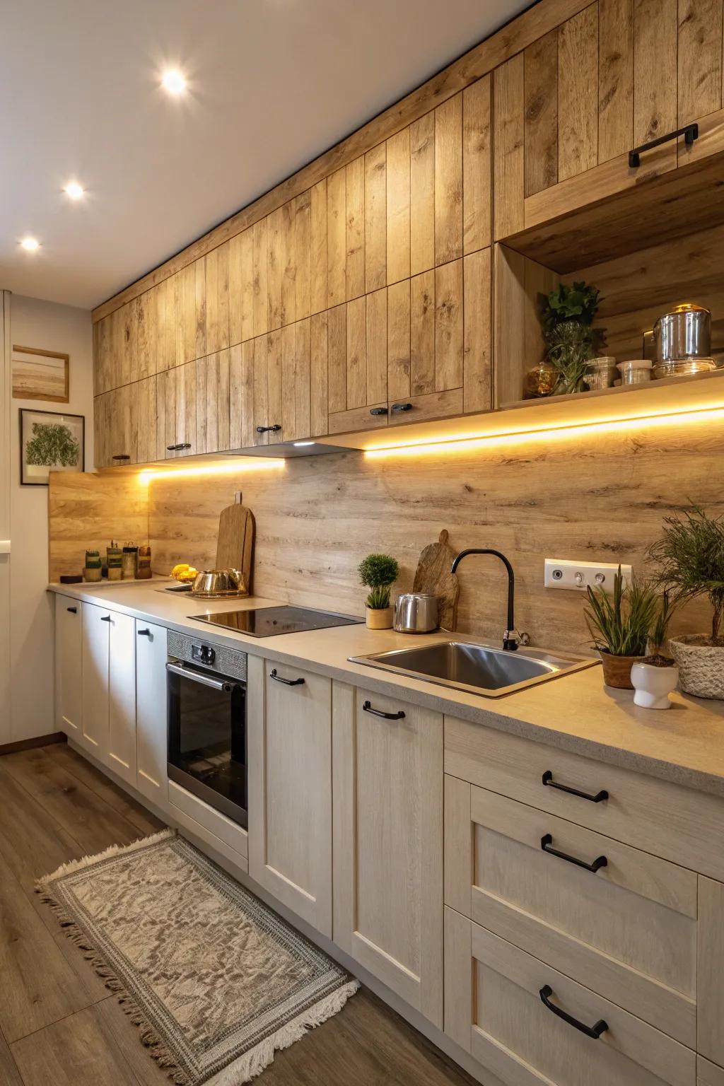 Panels resembling wood infuse a sense of countryside charm into your kitchen.