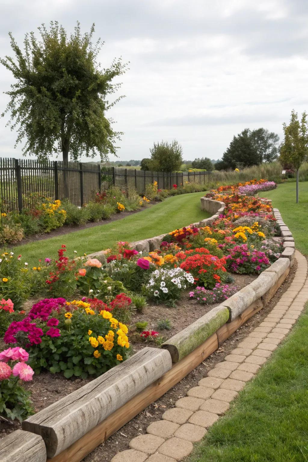 Wooden beams fashion clear, distinct edges for garden plots.