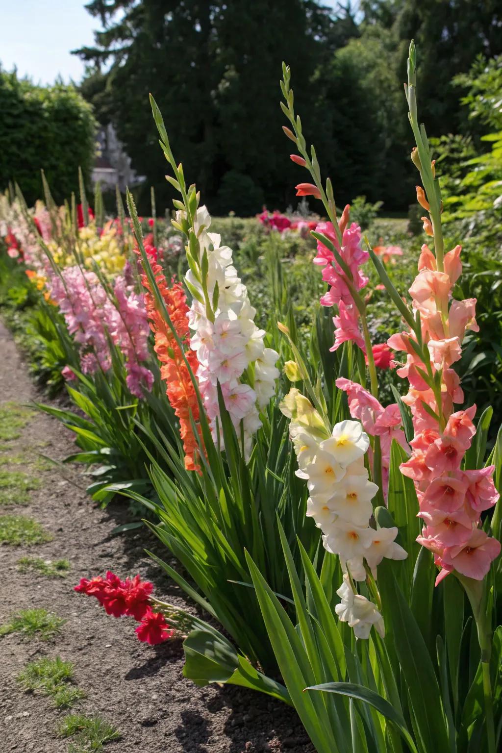 A spectrum of gladiolus hues transforms the garden into a vivid tapestry.