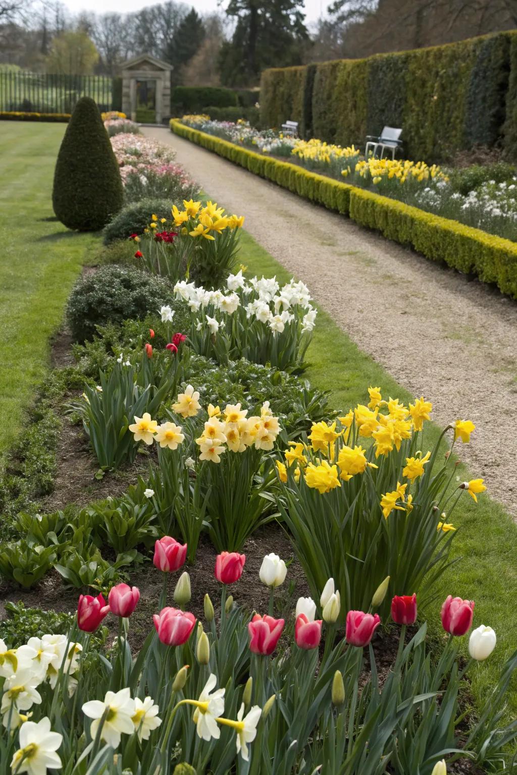 Bloomglows and sunshines delineate a garden bed, infusing dynamic color and structure.