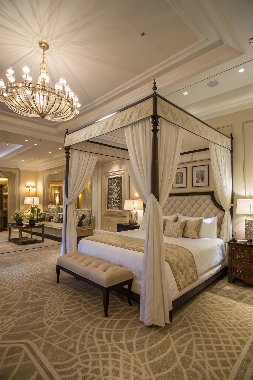 A grand canopy bed anchors this spacious master bedroom.