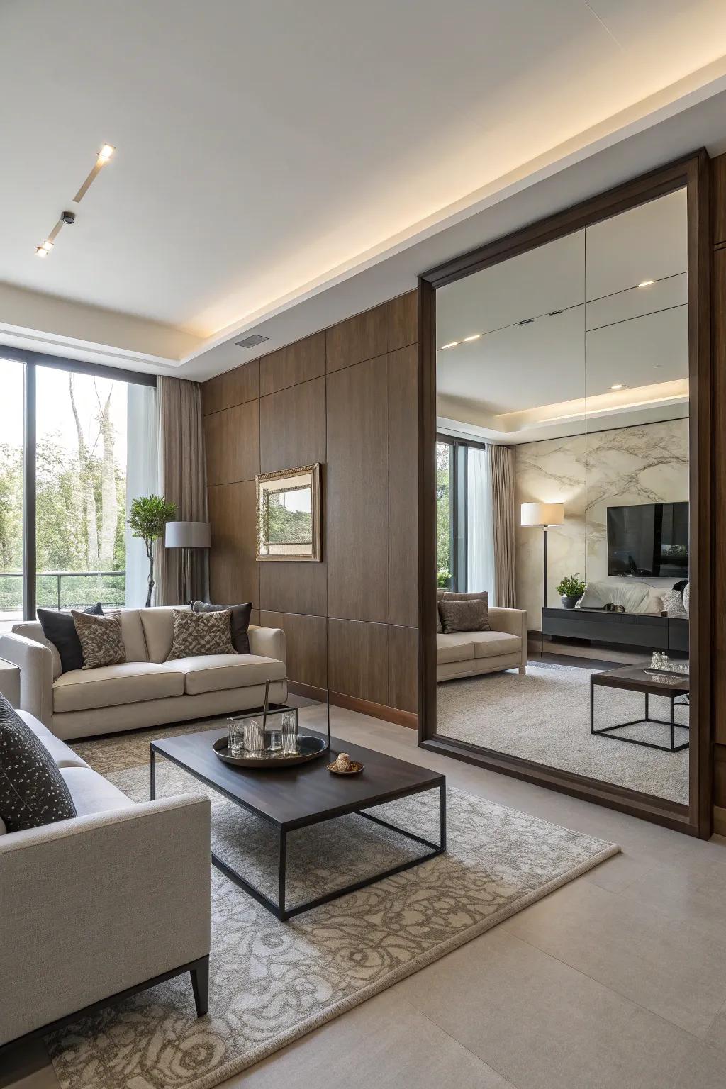 The large wall mirror in this beautiful living area enhances the room’s sense of space.