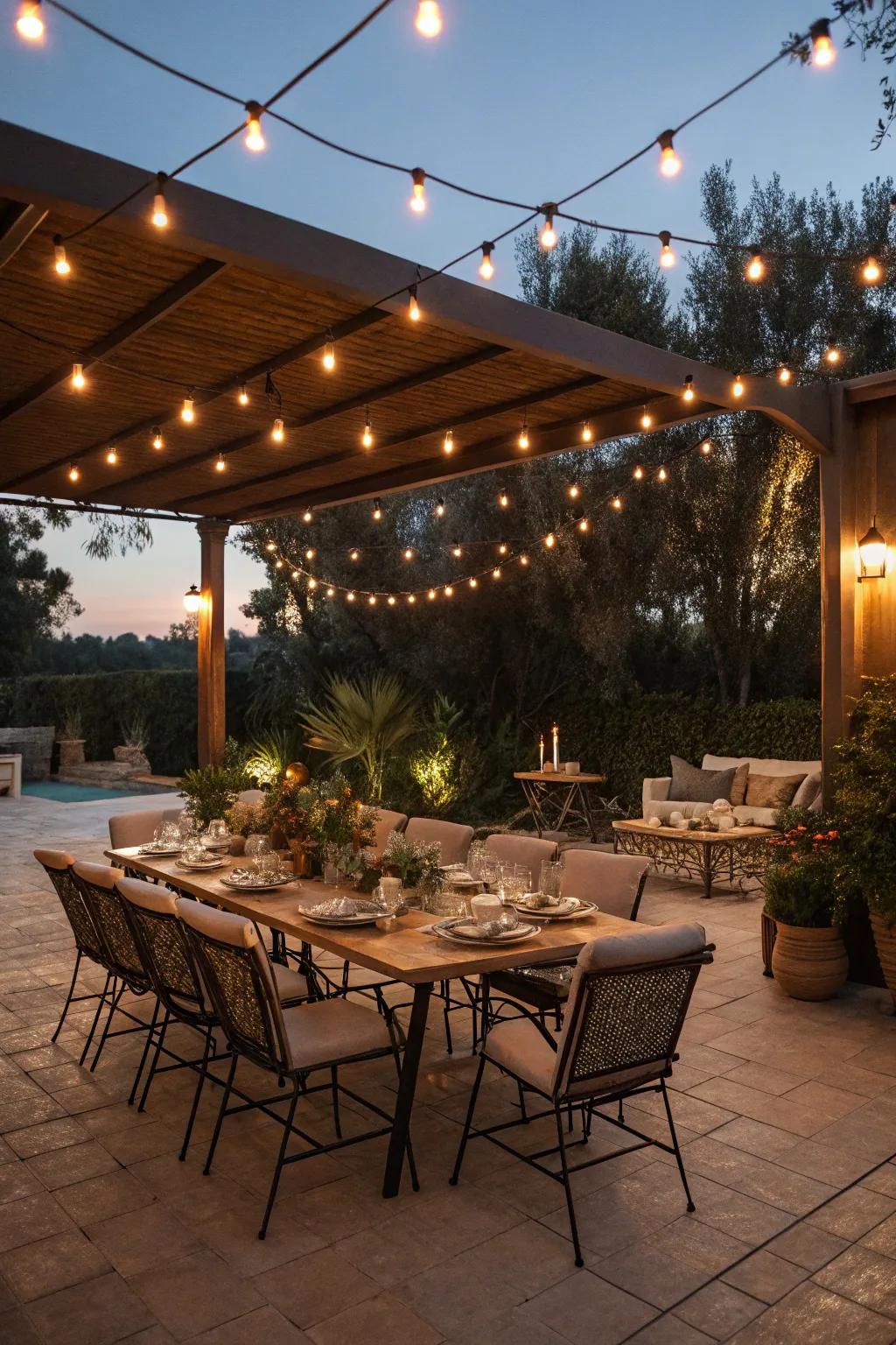 A spacious dining table arranged for a delightful outdoor meal.