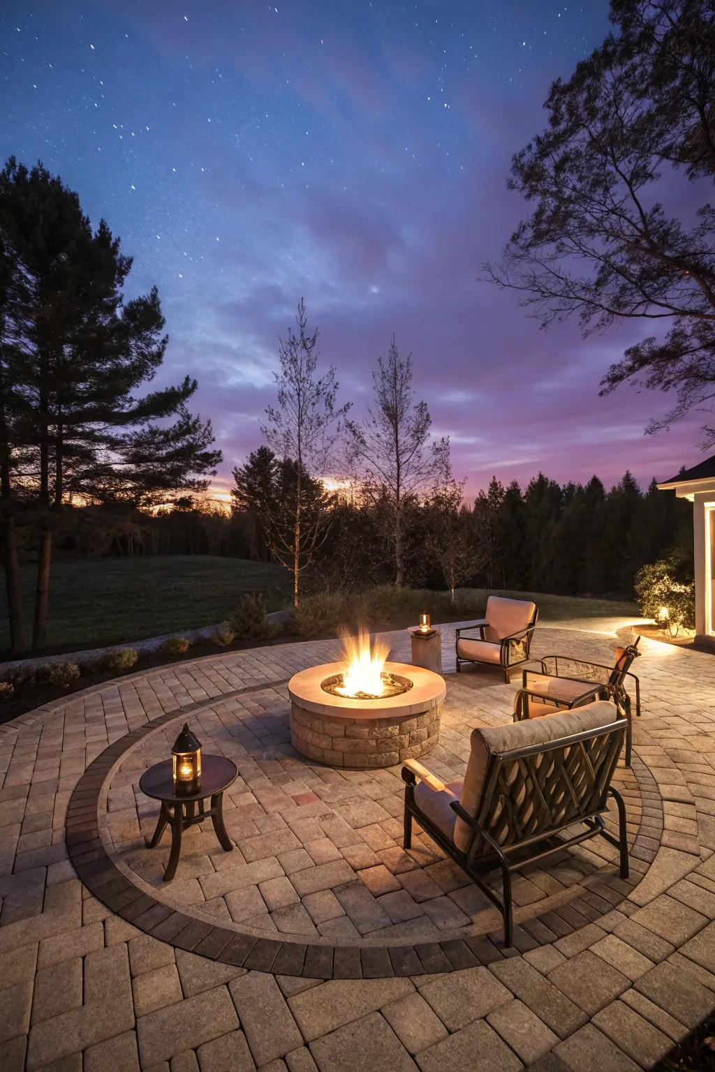 A blaze center introduces warmth and magnetic charm to this spacious paved patio.