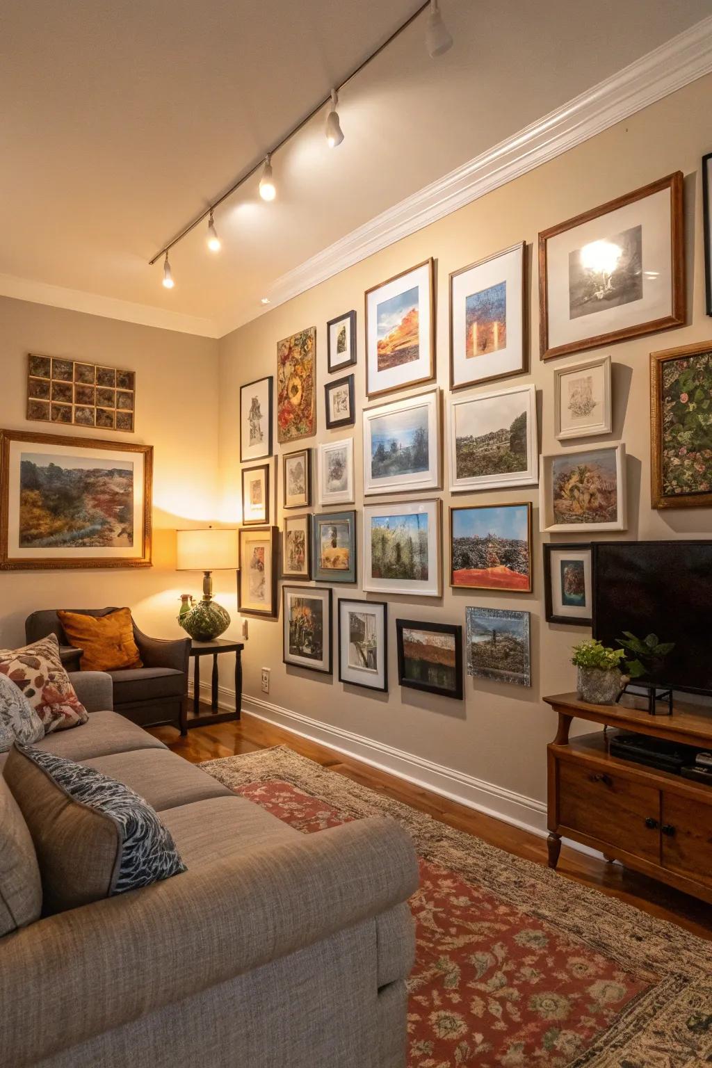 Assemble a harmonious gallery wall utilizing expansive surrounds.