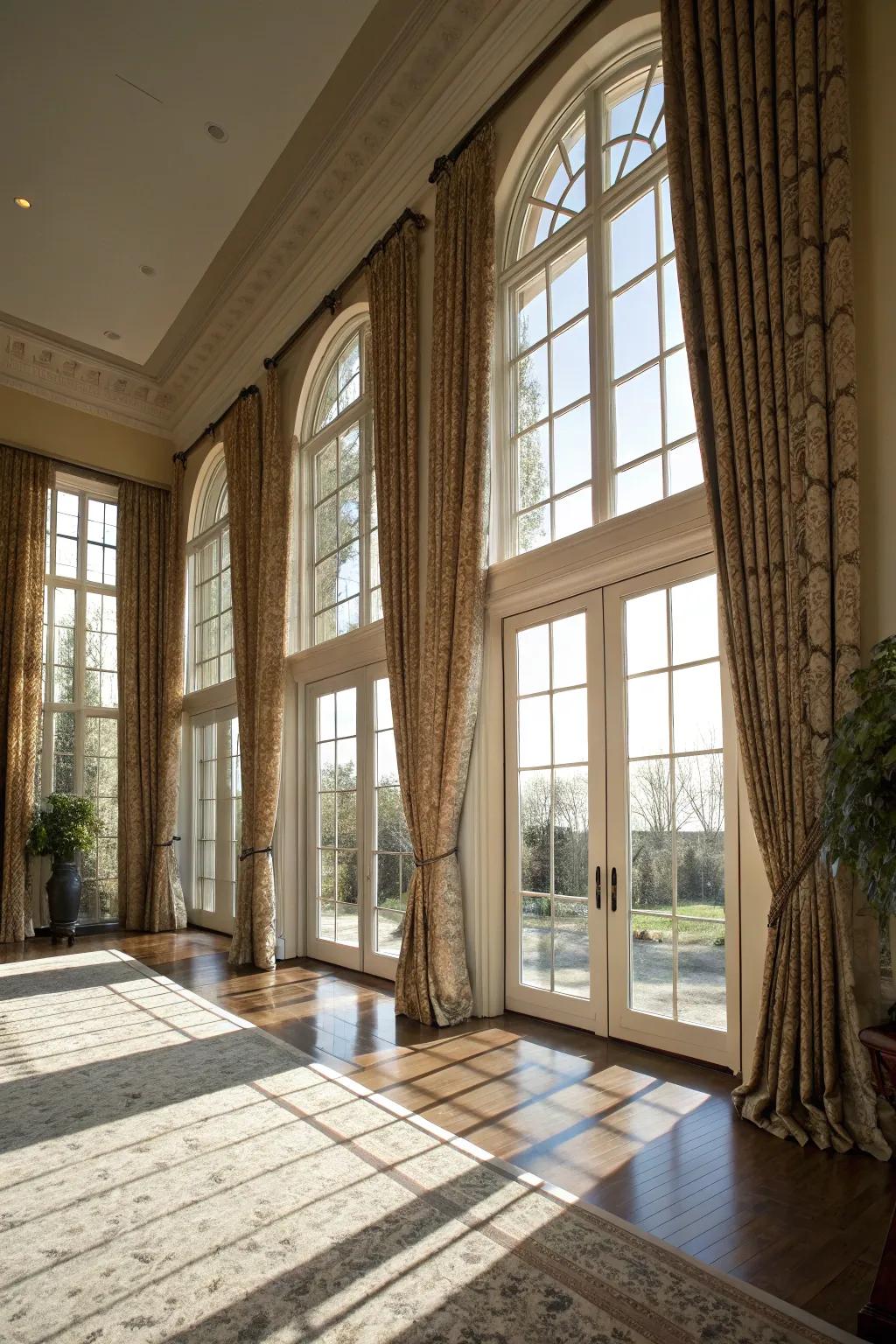 Sweeping length curtains enhance the grandeur of large windows.