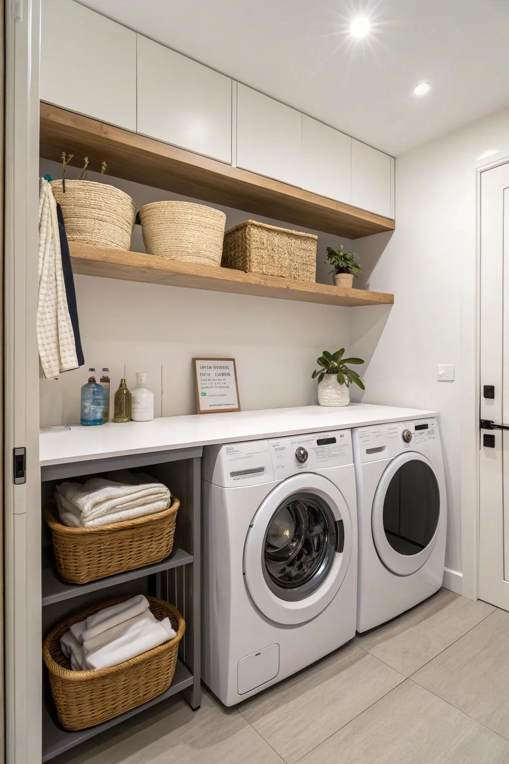 Floating countertops give a light, airy feel to laundry rooms.