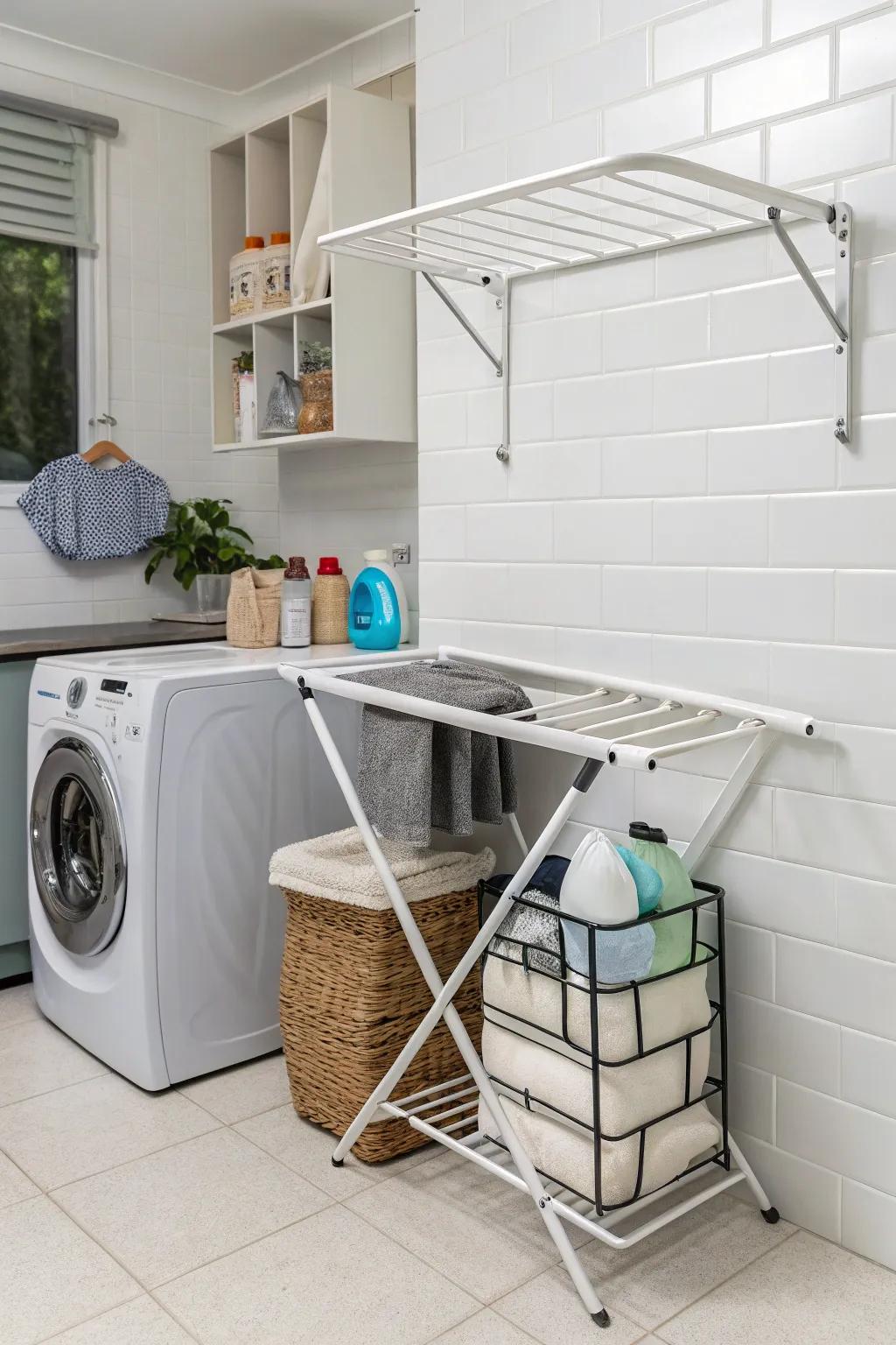 A collapsible drying fixture mounted on the wall, blending naturally into the laundry room’s design.