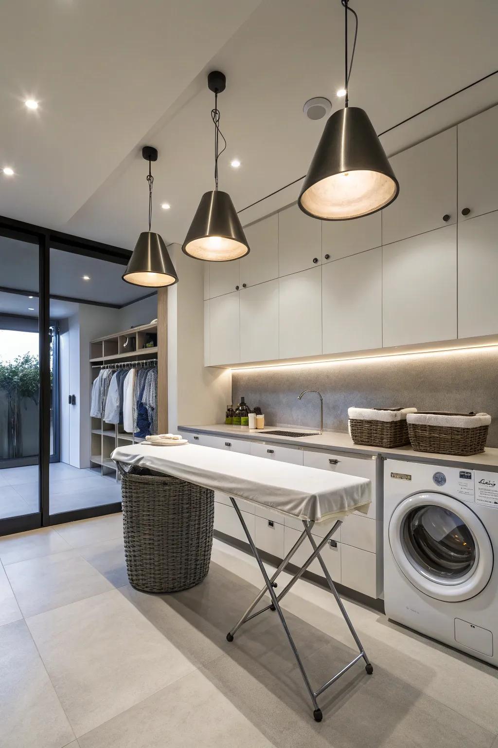 Elegance harmonizes with utility through chic pendant illumination in the laundry area.