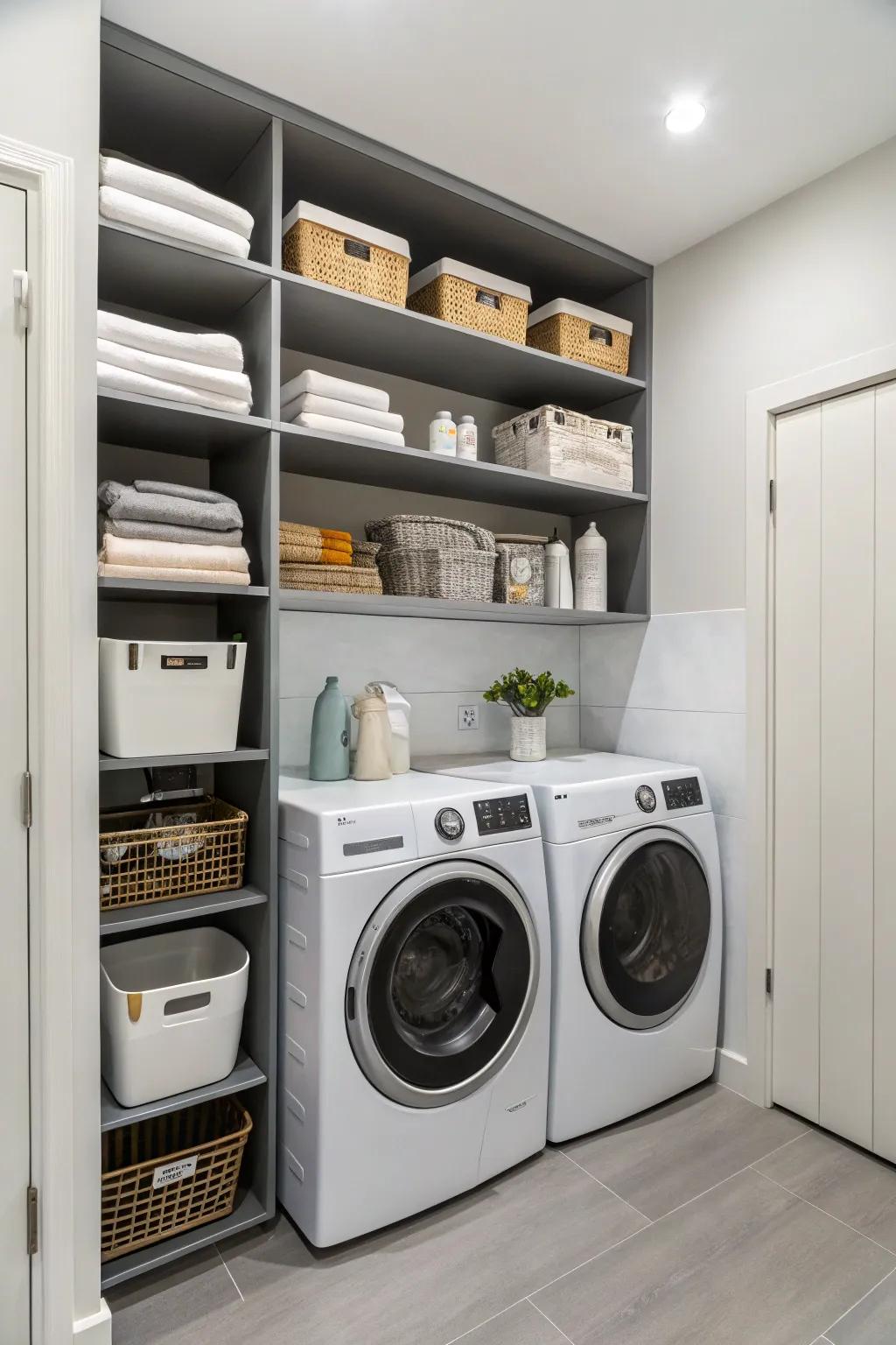 Make use of vertical space by installing shelves above your laundry appliances.
