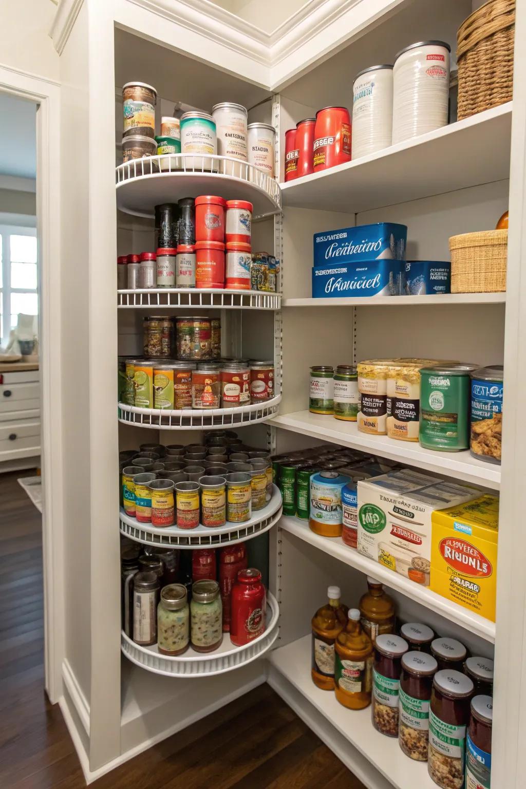 Maximize pantry storage with a Lazy Susan for effortless access to canned goods.