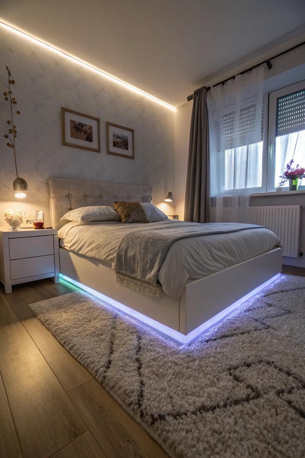 A mesmerizing floating bed illusion achieved with <strong><em>LED</em></strong> strips.” loading=”lazy” class=”pimg”>
	</picture><figcaption>A mesmerizing floating bed illusion achieved with <strong><em>LED</em></strong> strips.</figcaption></figure>
<p>By affixing <strong><em>LED</em></strong> strips beneath your bed, you can conjure a captivating floating illusion that is both contemporary and welcoming. A subtle luminosity is introduced by this method, which I frequently use in my projects, making the space seem like a tranquil haven.</p>
<h3>Products that could assist:</h3>
<ul class=