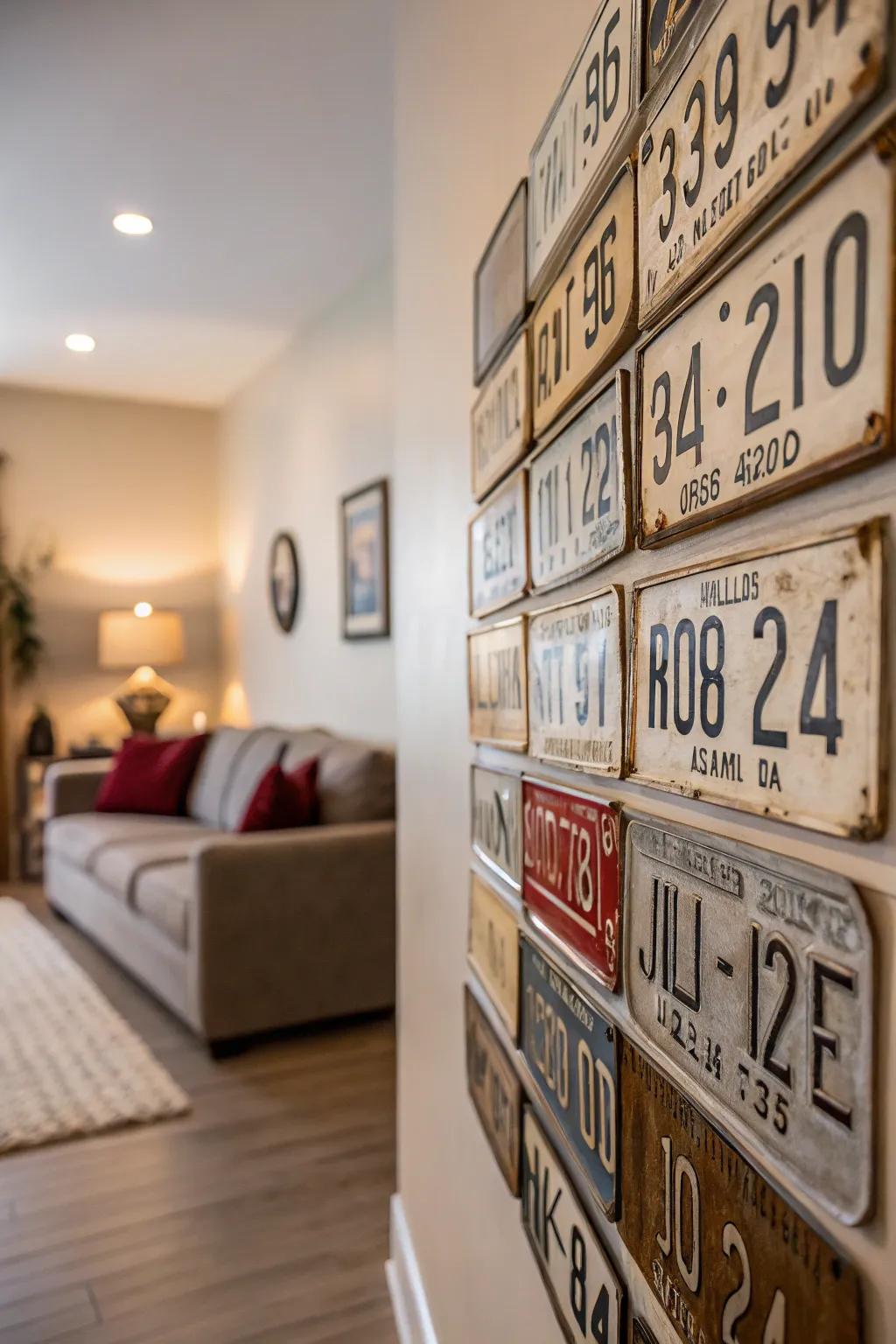 A well-organized grid of vintage license plates serves as a distinctive and captivating centerpiece.