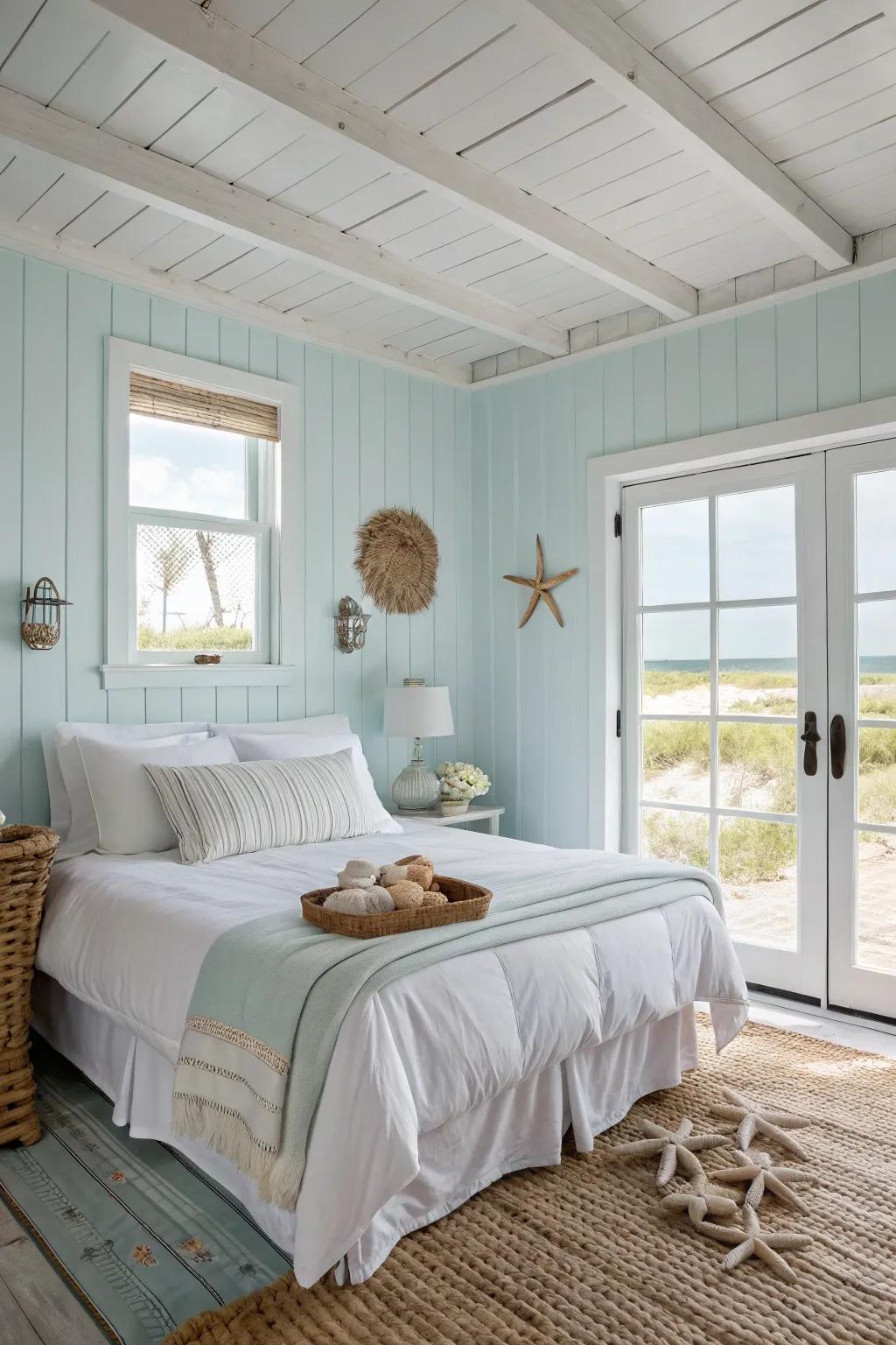 A coastal-themed sleeping quarter featuring gentle sky blue walls and crisp white linens for a refreshing ambiance.