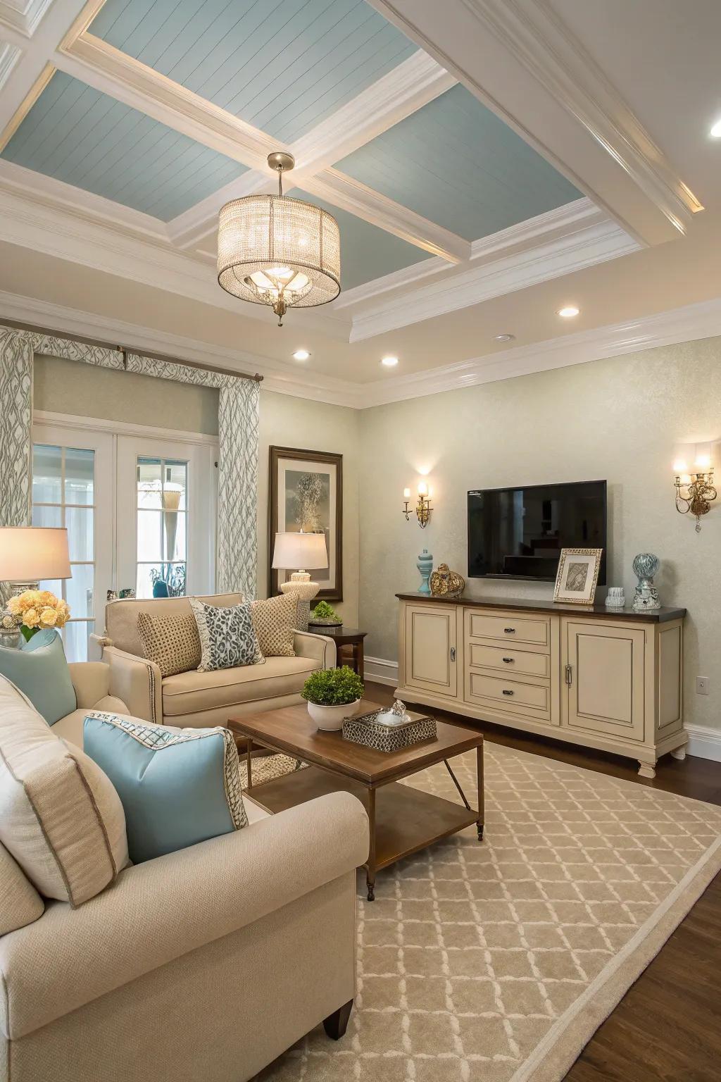 A light-filled living area showcasing a sky-blue ceiling and gentle decor.