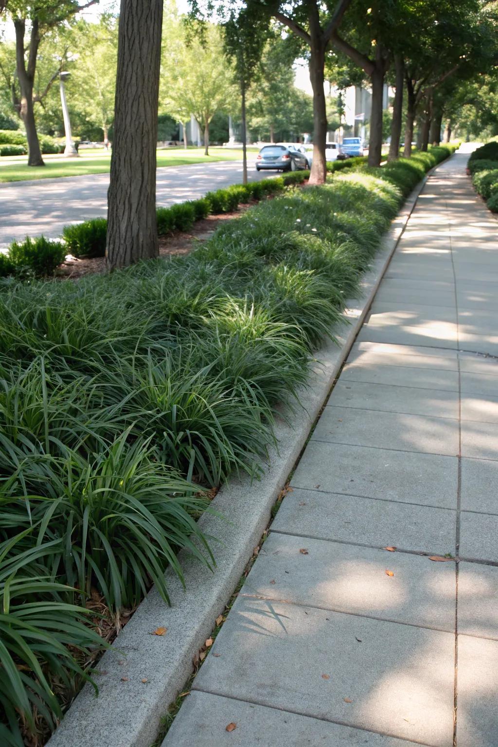 A sidewalk gracefully bordered with ribbon grass, providing an inviting gateway to the garden.