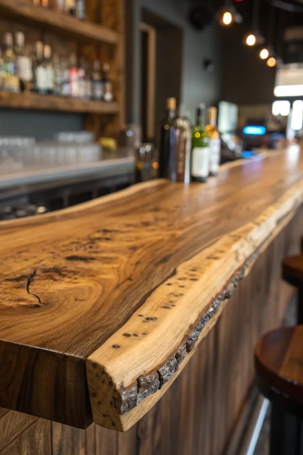 A detailed view of a live edge bar emphasizing the elaborate organic texture and grain of the wood.