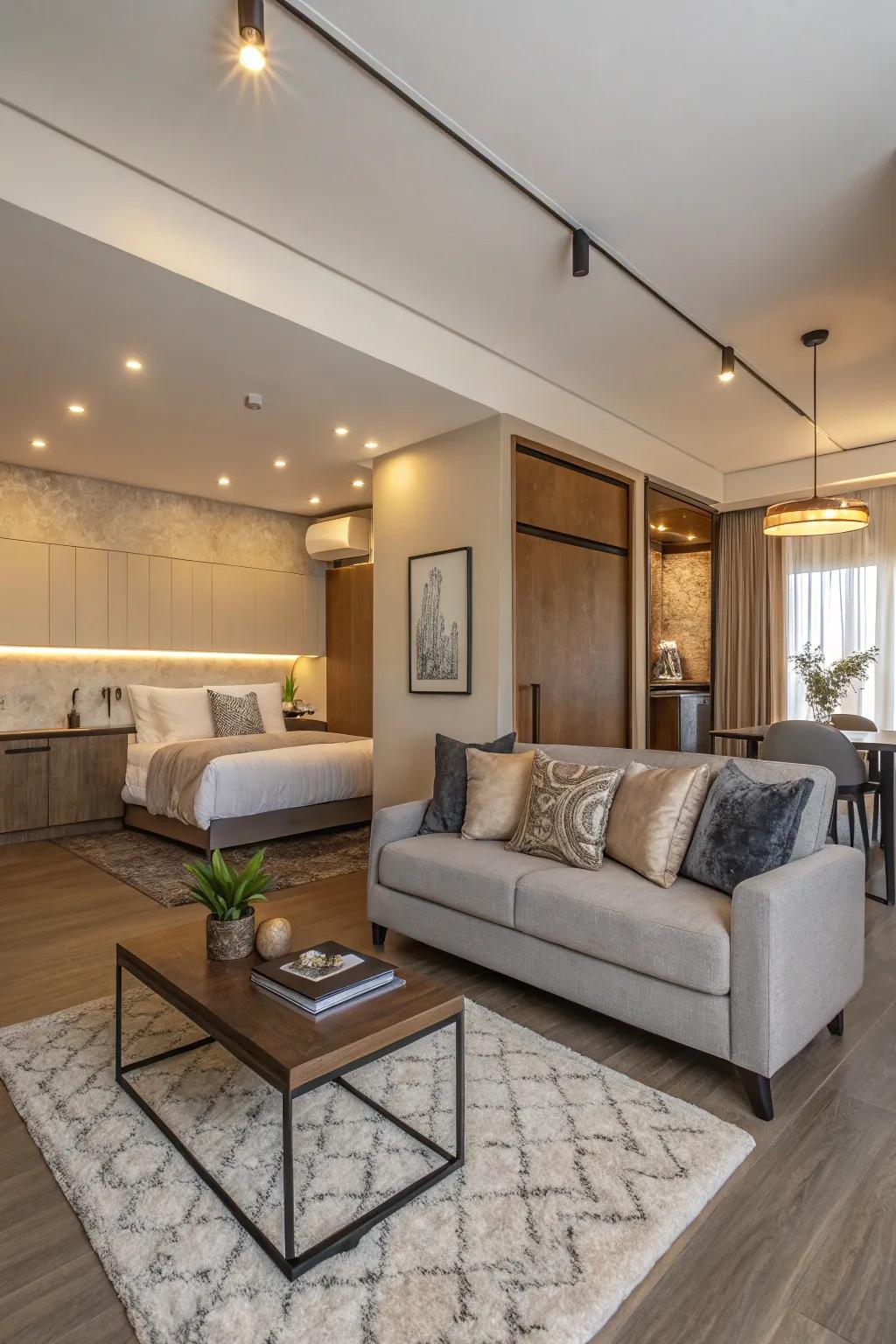 An open layout harmoniously combines areas for living and rest.