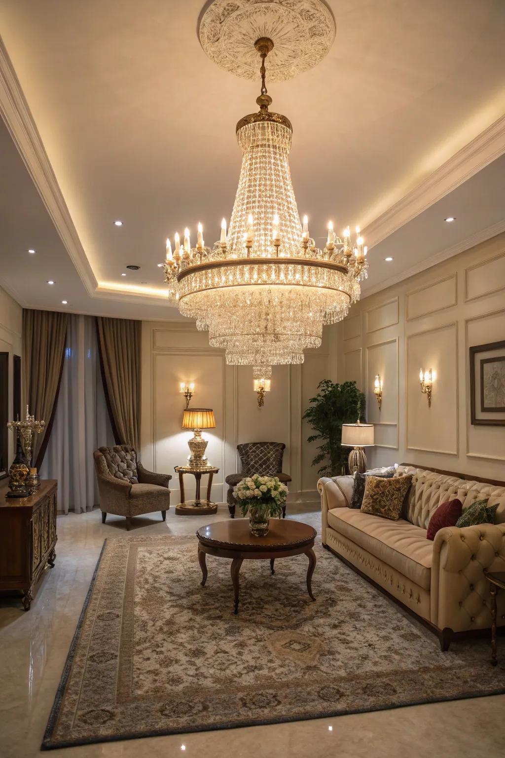 A classic chandelier brings timeless elegance to any living room.
