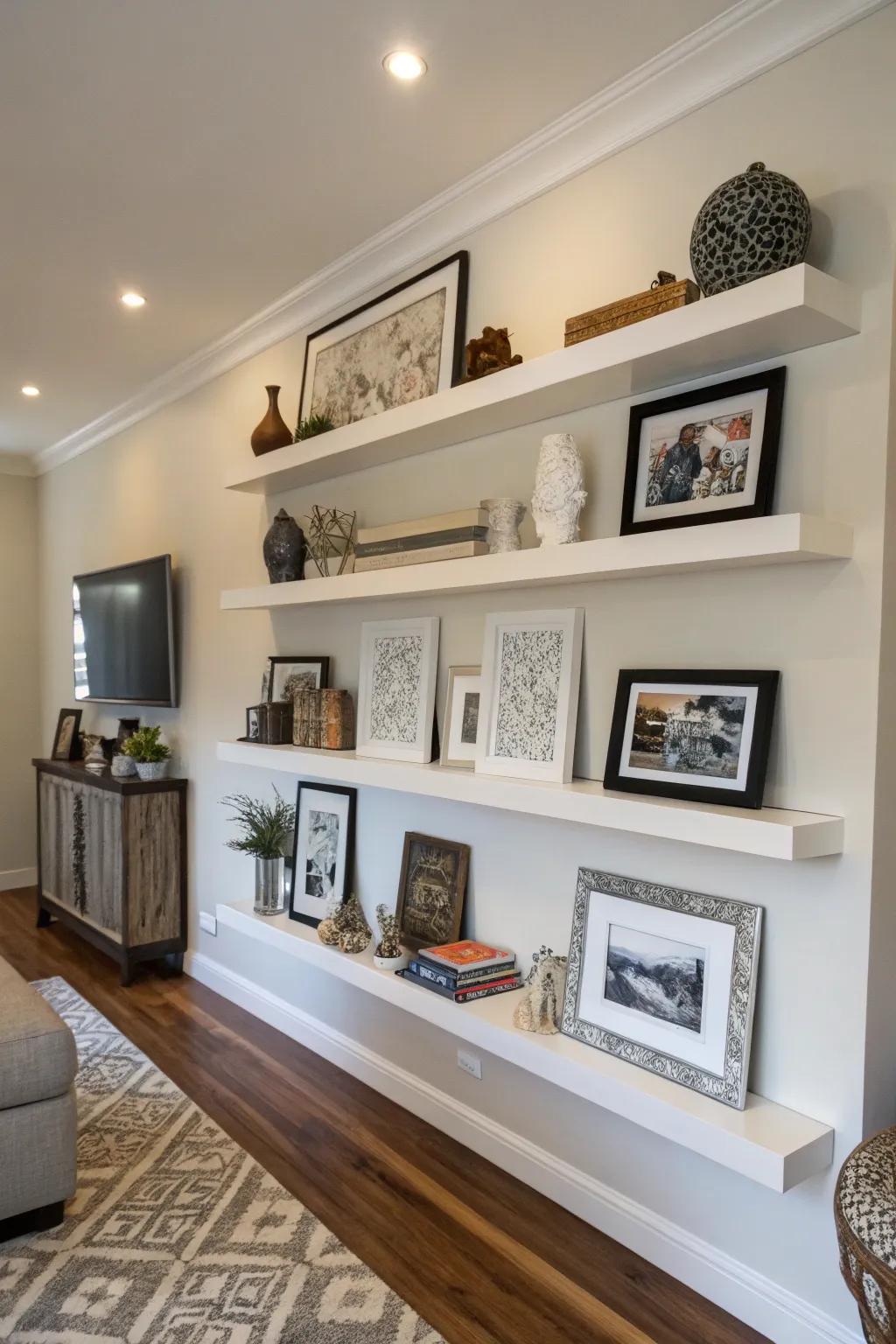 Create an artful display with floating shelves in your living room.