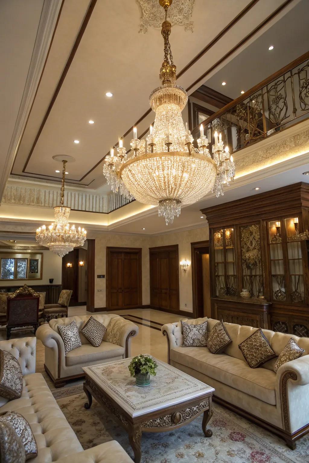 A spectacular chandelier commands attention as the centerpiece in this fashionable lounge.