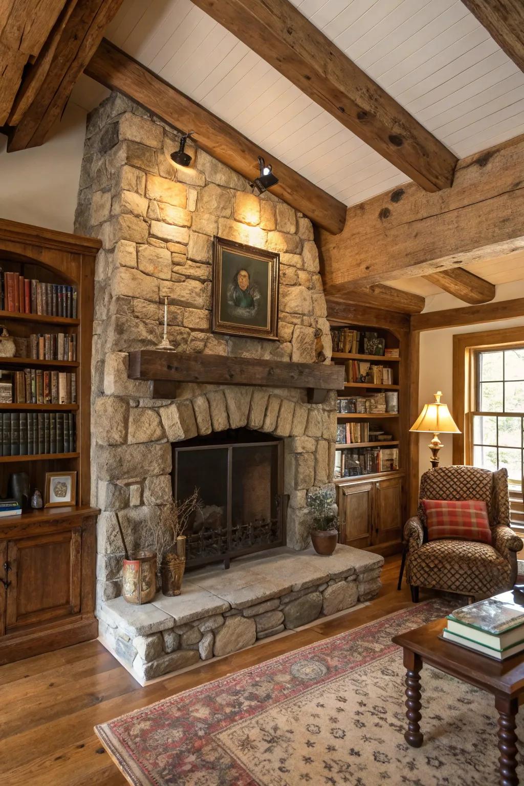 Enjoy the country beauty of a stone fireplace that evokes the peace of a rural hideaway.
