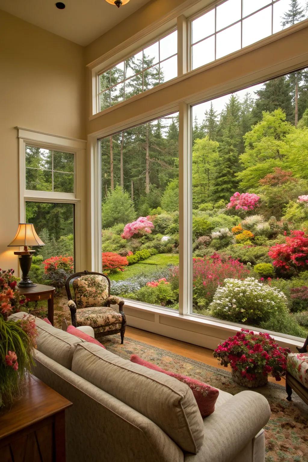 A living room showcases a large picture window that beautifully frames a lively garden.