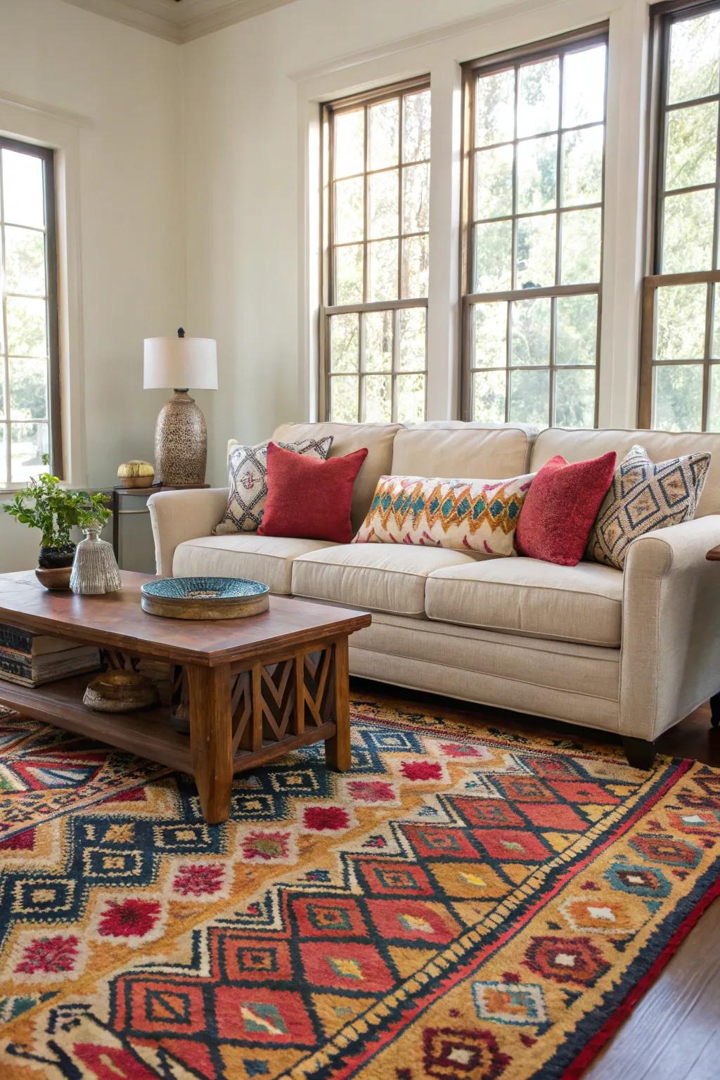 A vibrant floor covering breathes life into your living area, wonderfully accentuating a simple couch.