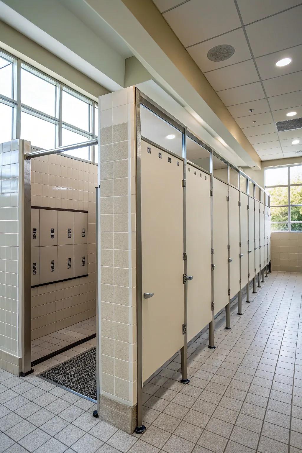 Personal shower stalls providing ease and privacy.