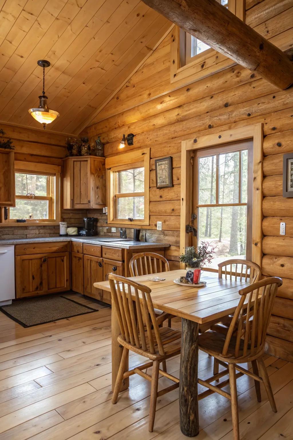 This log cabin kitchen features beautiful wood cabinets and walls, offering a warm, inviting atmosphere.