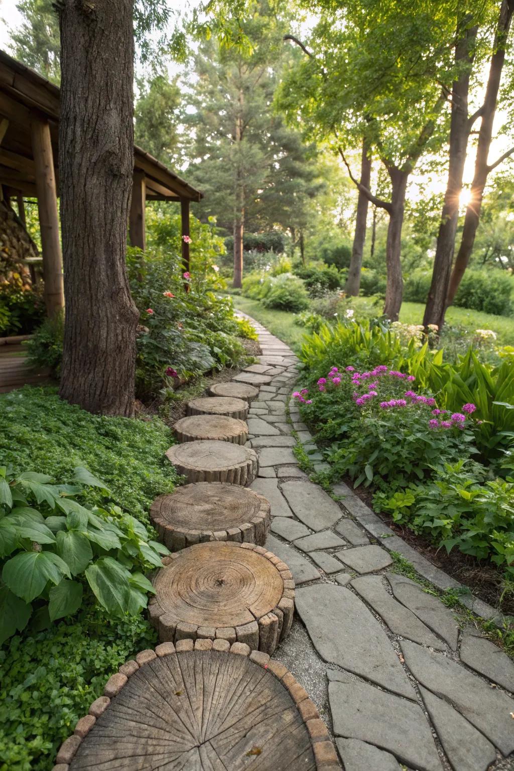 A picturesque garden path creatively paved with timber rounds.