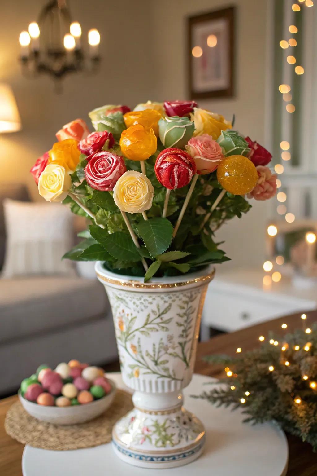 A classic floral-style lollipop bouquet in vibrant colors
