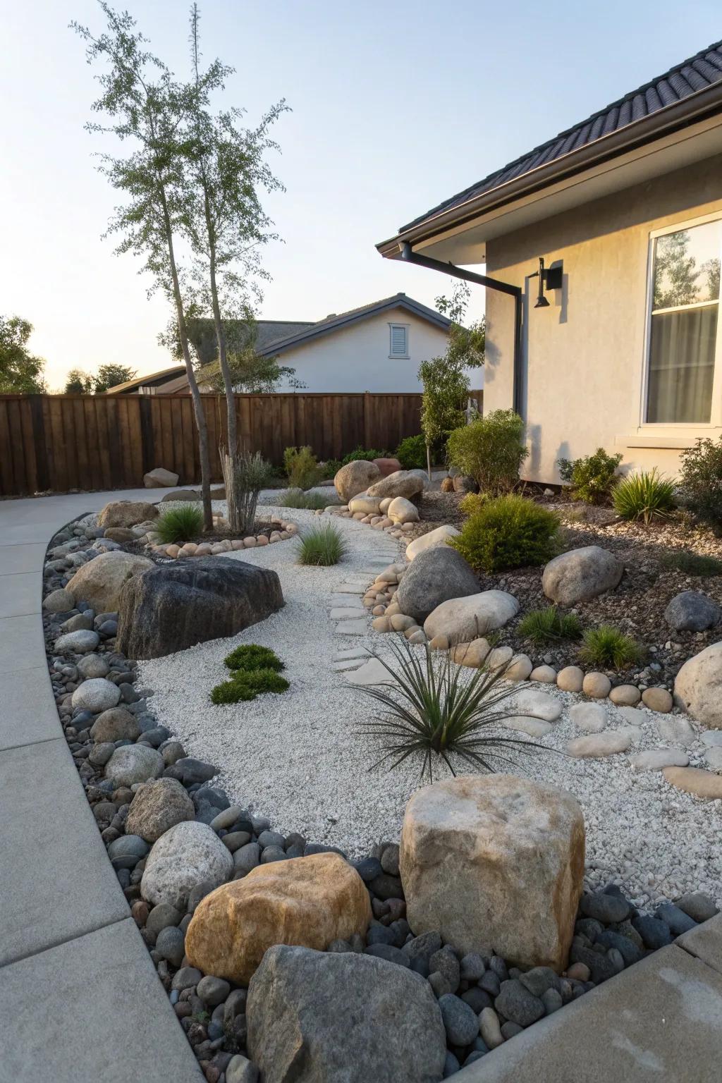 A serene rock garden showcasing a variety of rock sizes and understated flora.
