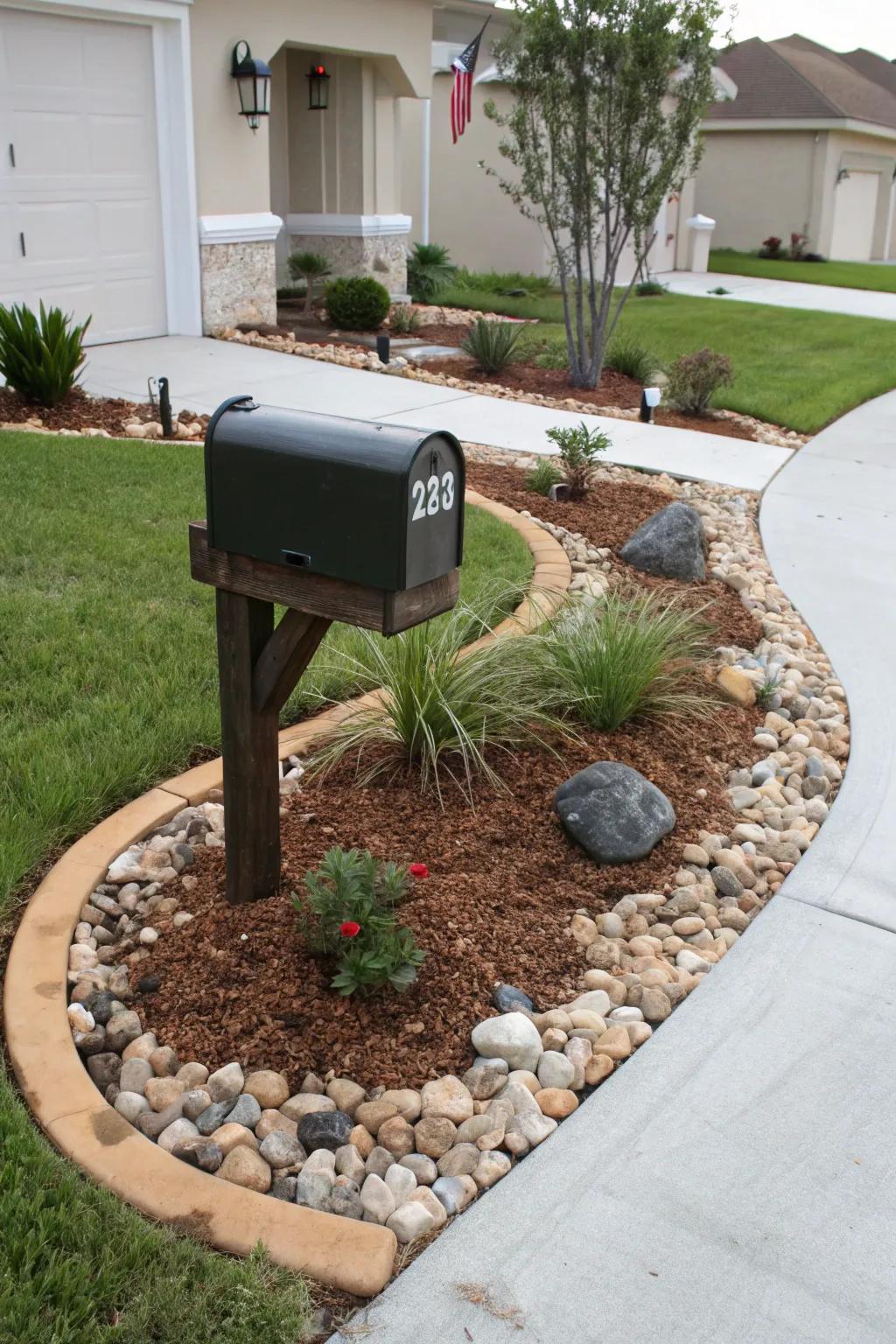 Mulch paired with decorative stones creates a neat, easy-care setting for your mailbox